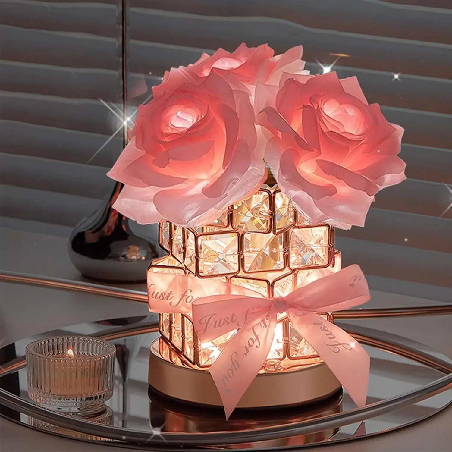 LED Rose Crystal Table Lamp 3 Color Rechargeable Artificial Rose Flower Table Lamp Touch Lamp for Women Mom Wife Girlfriend Gift