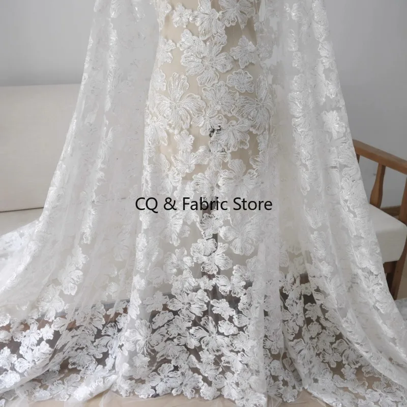 

Великолепная фата, кружевная ткань с новой белой цветочной вышивкой для дизайнерской ткани свадебного платья своими руками