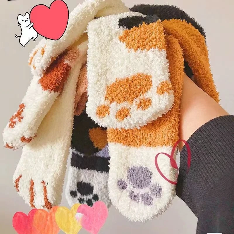 6 أزواج منتجات الخريف والشتاء الجديدة سميكة ودافئة المرأة جوارب قطنية مخالب القط لطيف المنزل النوم الطابق الجوارب الطويلة