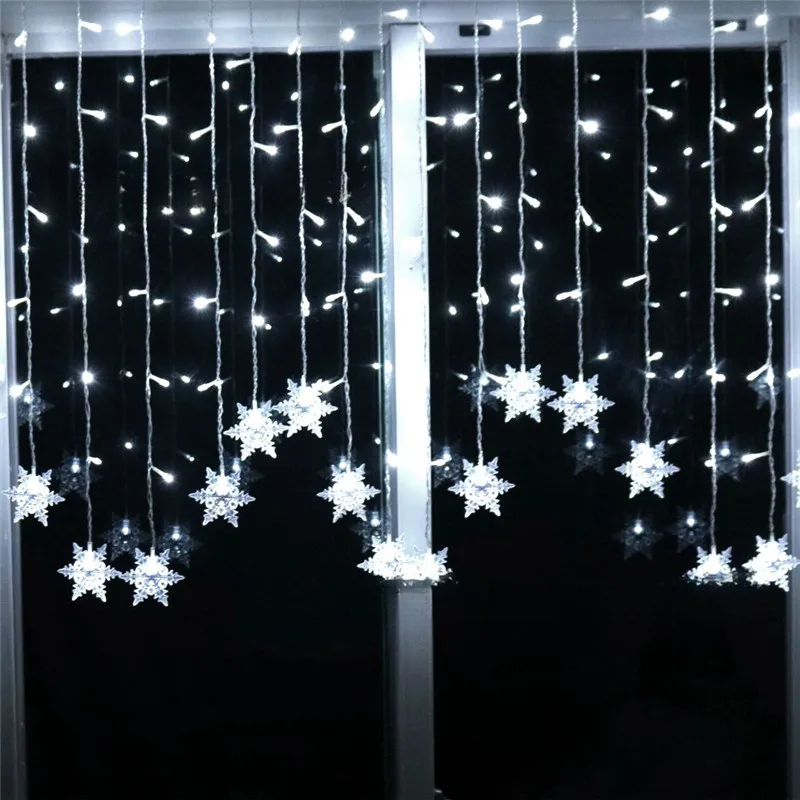 8 modos parpadeantes decoraciones navideñas enchufe europeo LED copo de nieve ventana cortina guirnaldas Led carámbano luces de hadas Año Nuevo 2025