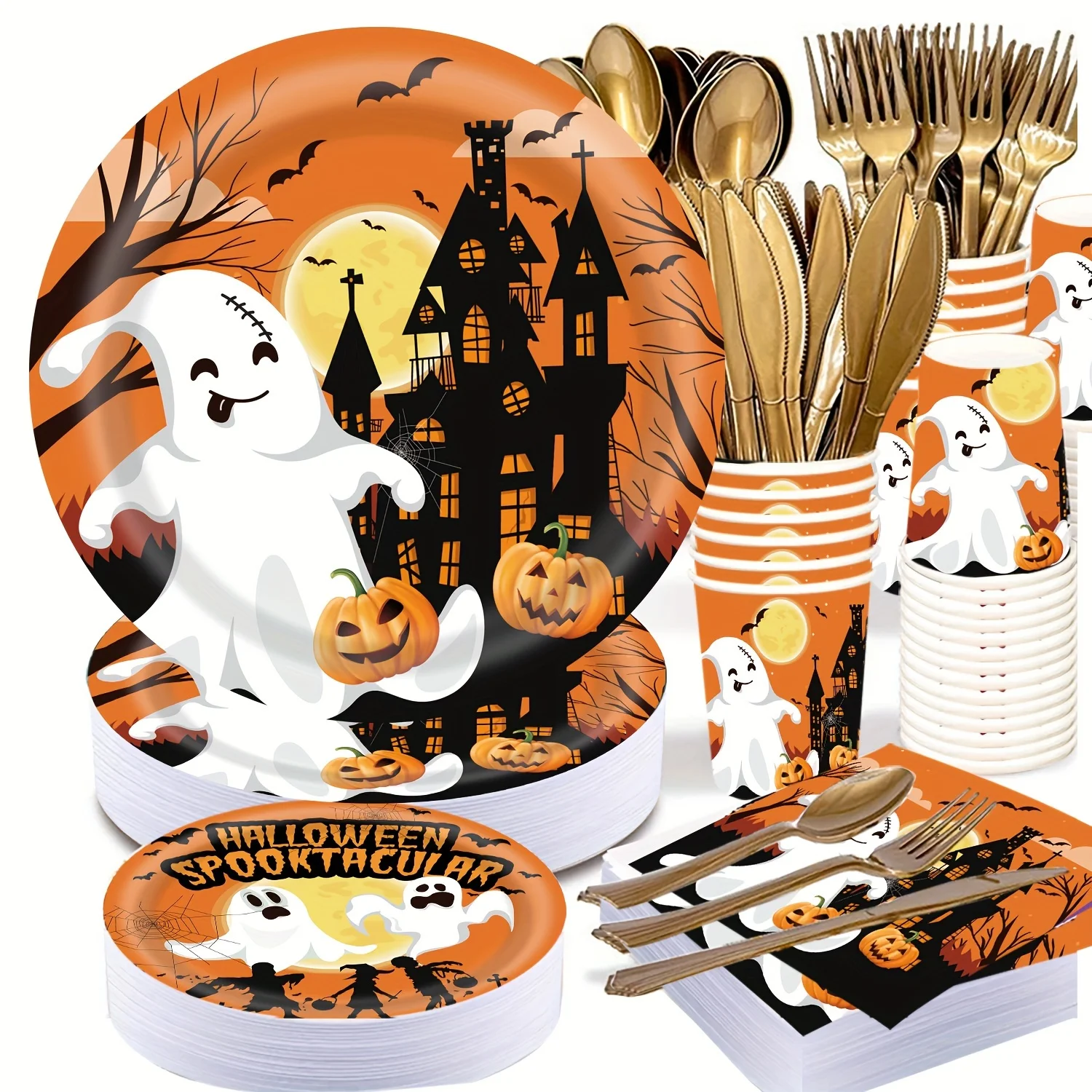 175pcs Halloween Ghost Party Supplies Tableware Set In Gift Box, 25Sets Of Spooky Ghost Paper Plates, Paper Napkins Cups, Plasti