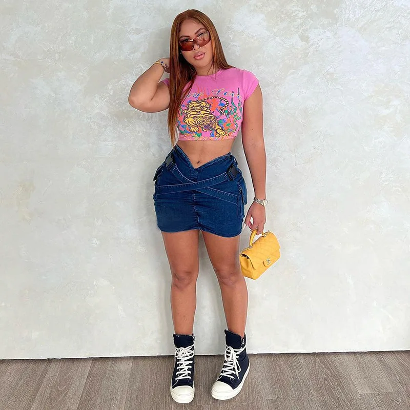

3D Pockets Cargo Jeans Mini Skirts Women Fashion Elastic Waist Buckle Cross Straps Hips Wrapping Slim Denim Bottom Streetwear