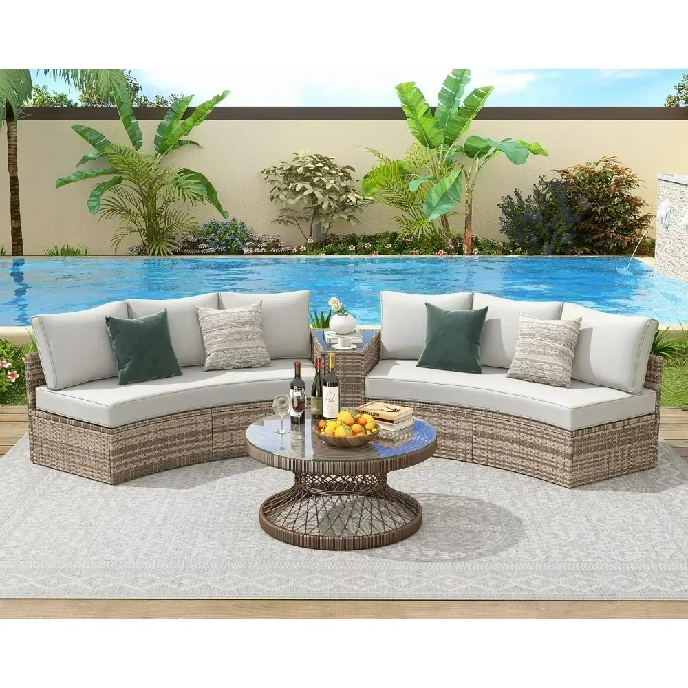 

Patio Conversation Set, 7 Piece Half-Moon Sectional Round Patio Furniture Set, with Large Storage Wedge Table Wicker Sofa Set