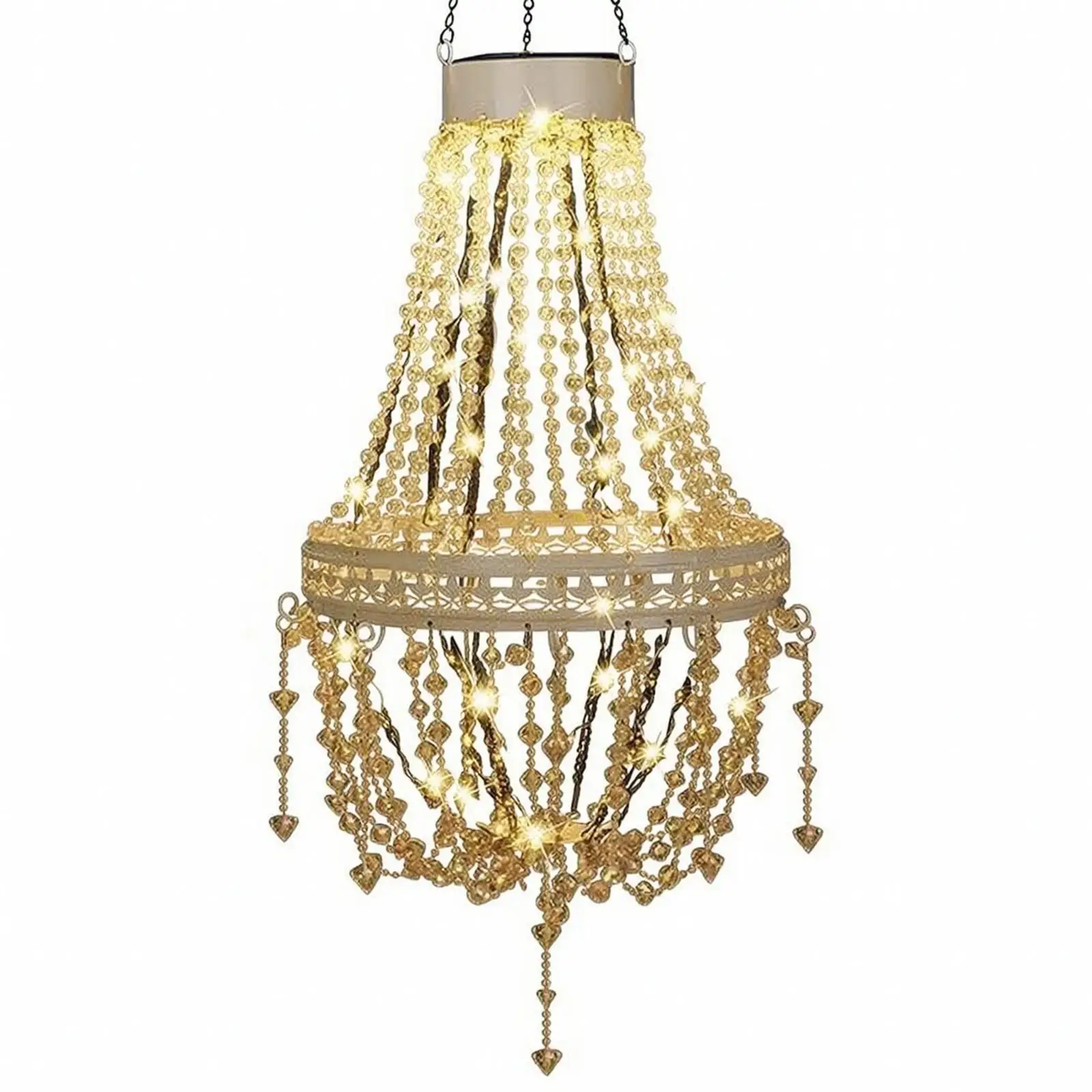 Acrylic Beaded Solar Pendant Lantern Outdoor Hanging Chandelier Light for Patio Yard Garden Gazebo Ambience