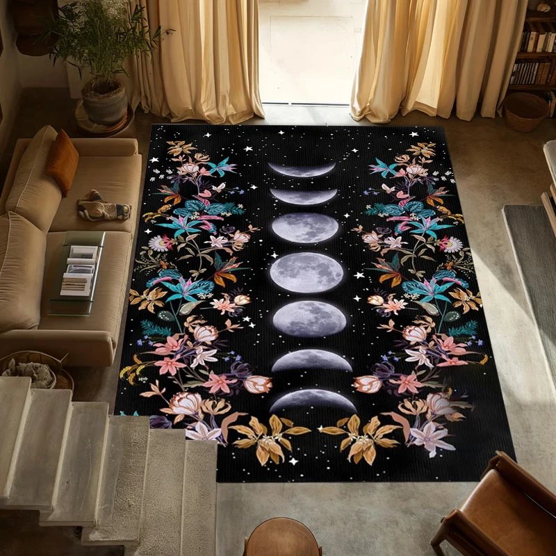 Boho Triple Moon Phase Area Rug Celestial Botanical Print NonSlip Washable Floor Mat for Living Room Bedroom Witchy Decor