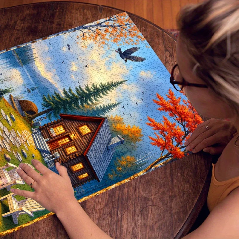 500 또는 1000피스 대형 직소 퍼즐 - 가을 잎사귀가 있는 호숫가 통나무집 가을 풍경, 성인용 긁힘 방지 종이 퍼즐