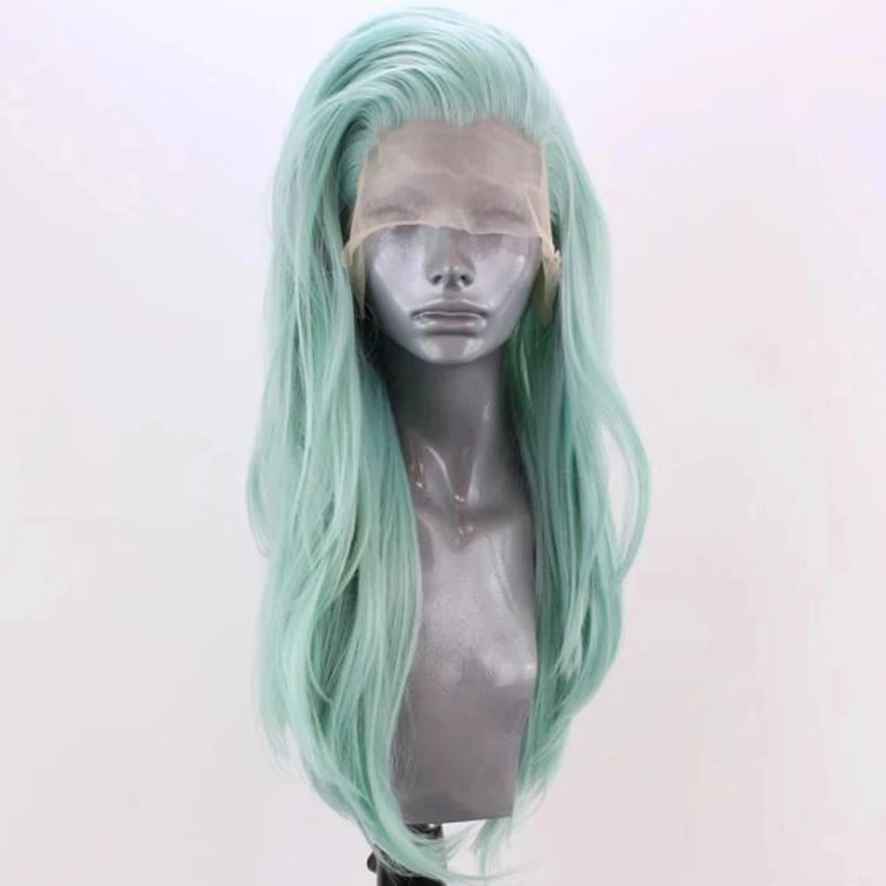 Mint Green Long Gray Super Wave Wig Glueless Heat Resistant Fiber Hair Synthetic Lace Front Wigs for Women with Free Part