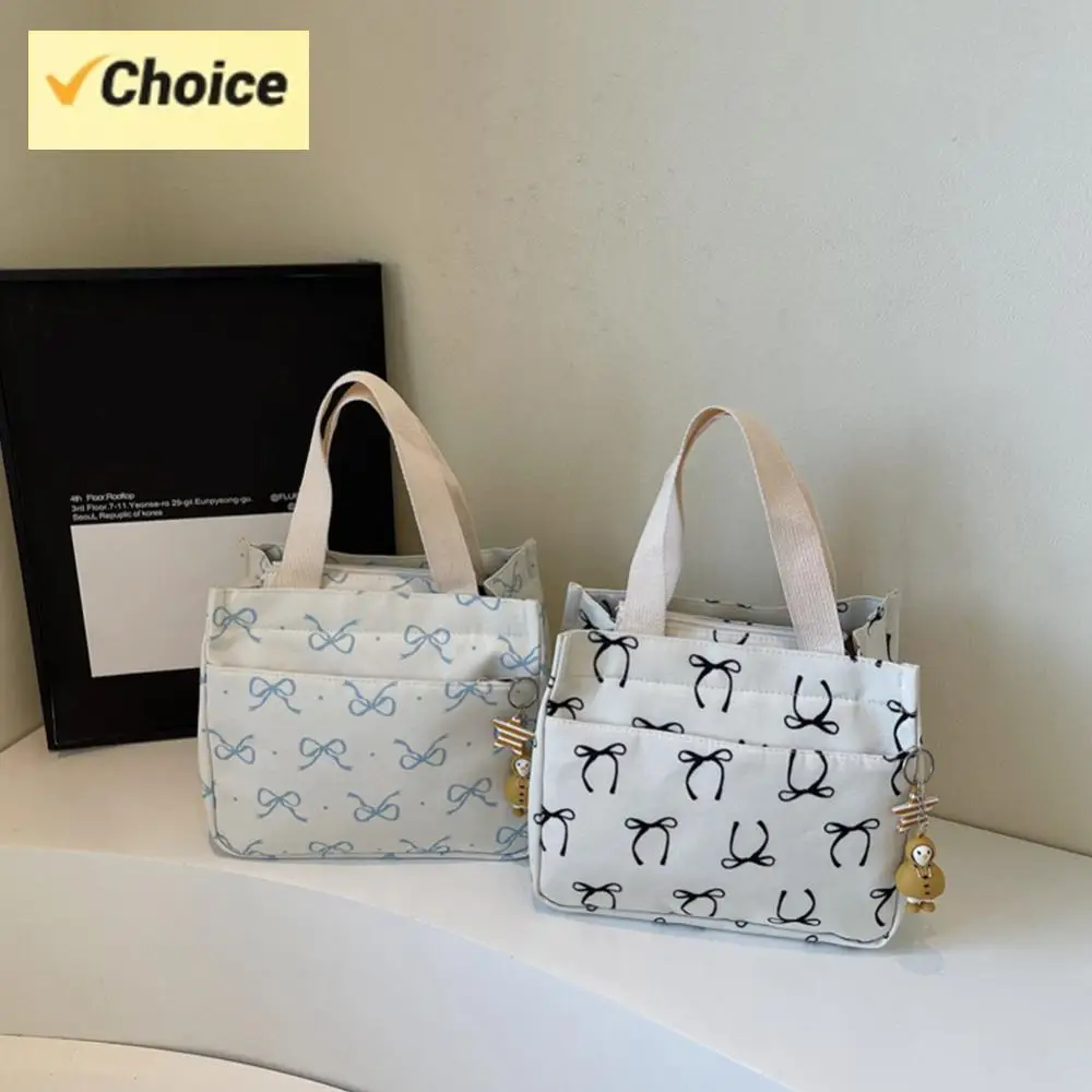 Canvas Lunch Bag Lightweight Casual Handbag Korean Version Bow Print Tote Bag Women Work Picnic Travel Hobo Bags