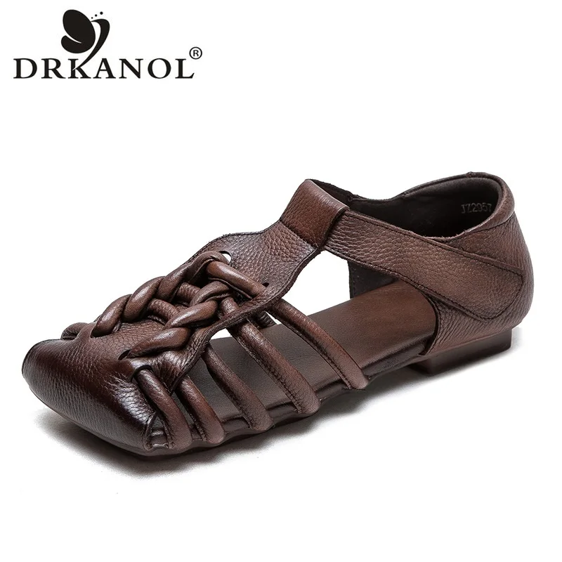 DRKANOL Genuine Leather Sandals Women 2024 Handmade Woven Literary Style Hollow Flat Roman Sandals Ladies Summer Shoes Sandalias