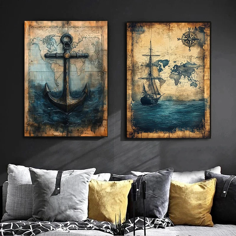 خمر بحري المشارك يطبع العتيقة البحر الكنز خريطة حائط لوح رسم صورة فنية لغرفة المعيشة ديكور المنزل الرجعية #3