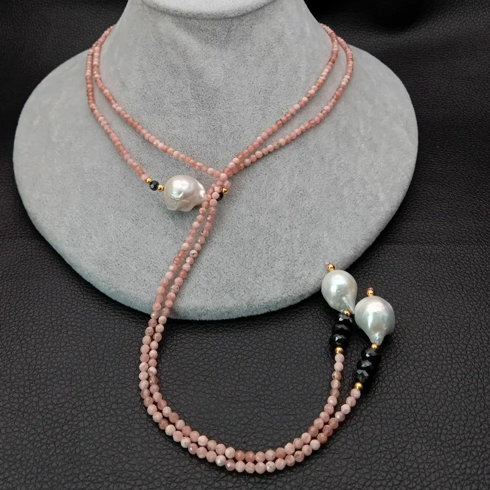 

51'' Natural Faceted Pink Rhodochrosite Black Spinel Keshi Pearl Long Necklace