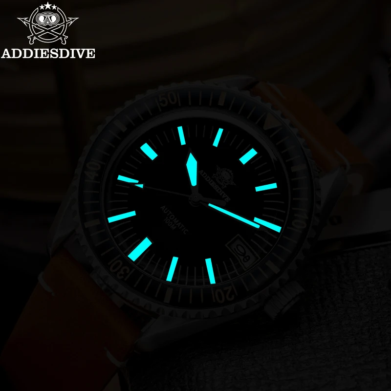 ADDIESDIVE NEW Fashion Watch Vintage Cowhide Strap Sapphire Glass BGW9 Super Luminous Mechanical Watch 100m Waterproof Man Clock