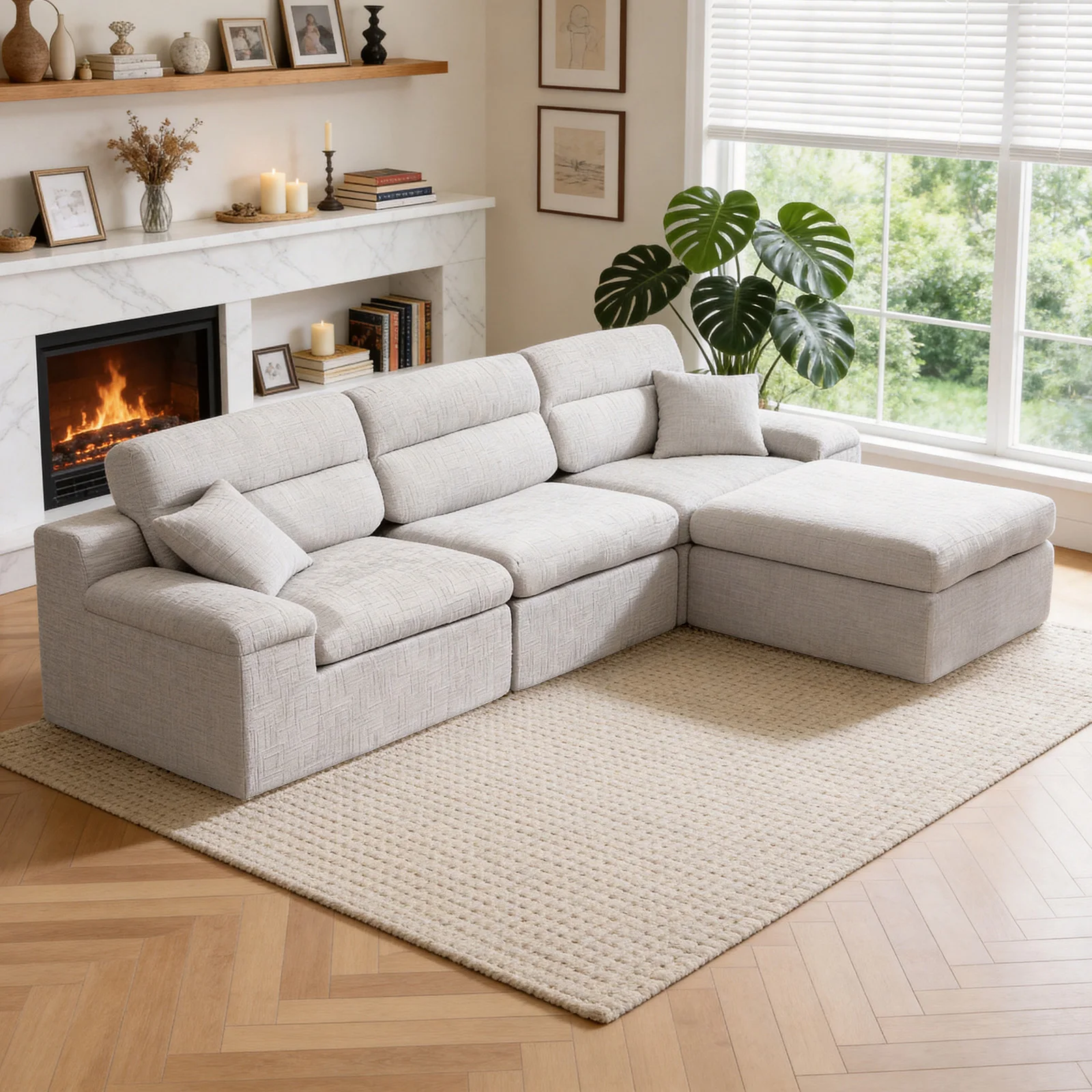 

！@Modern Convertible Corner Chaise Sofa Set High Backrest L-Shaped Design Slub Chenille Fabric Compressed High-Density Foam Hote