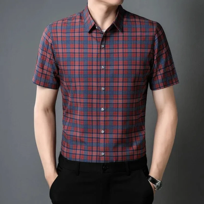 

Men's Short-sleeved Trendy Casual Plaid Dad's Outfit Handsome Loose Middle-aged Men's Shirt Thin