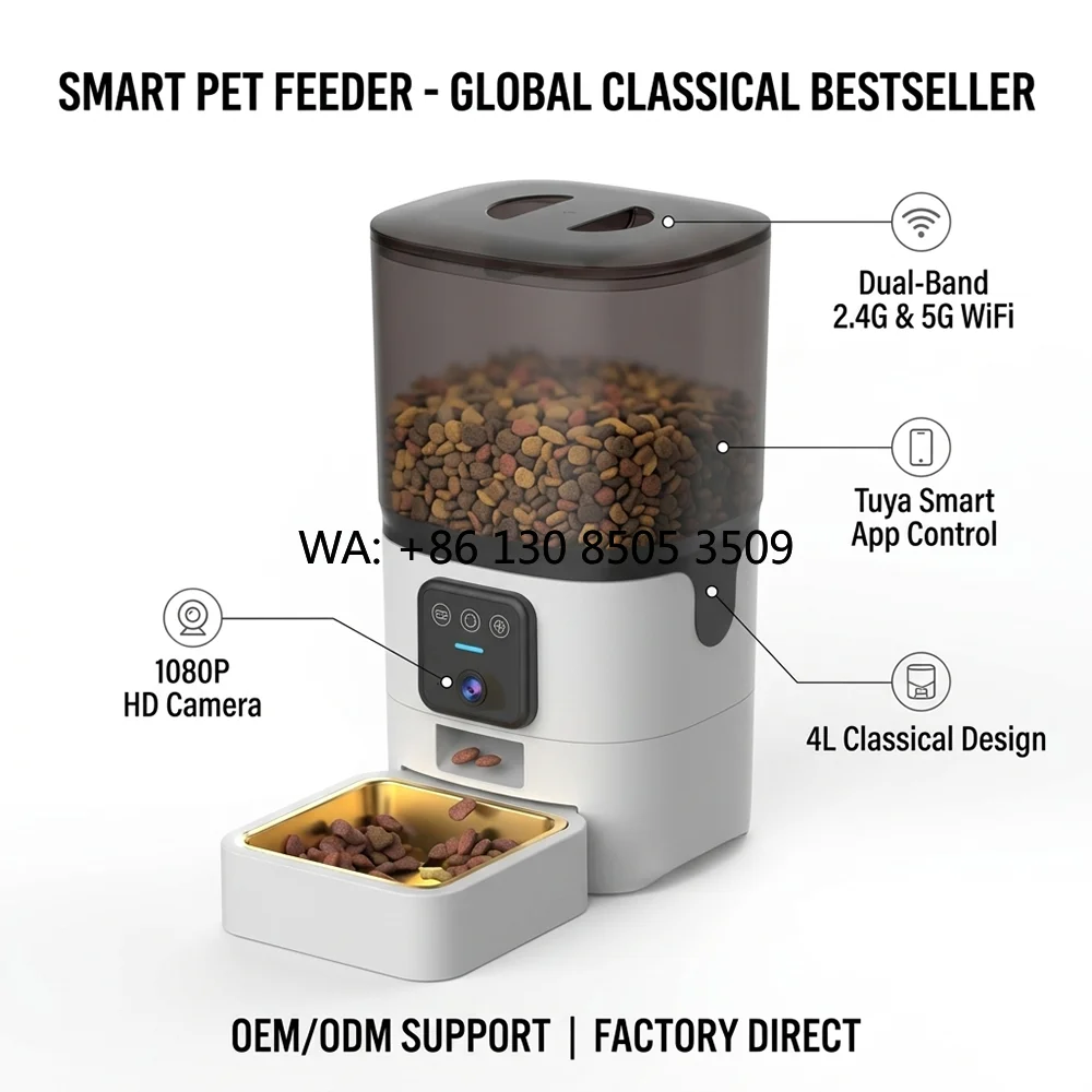 Smart Pet Feeder Camera 1080P Wifi - OEM WiFiスマート自動ペットフィーダー、1080P HDカメラ搭載、リモートアプリ制御、タイマー付き自動犬猫フードディスペンサー