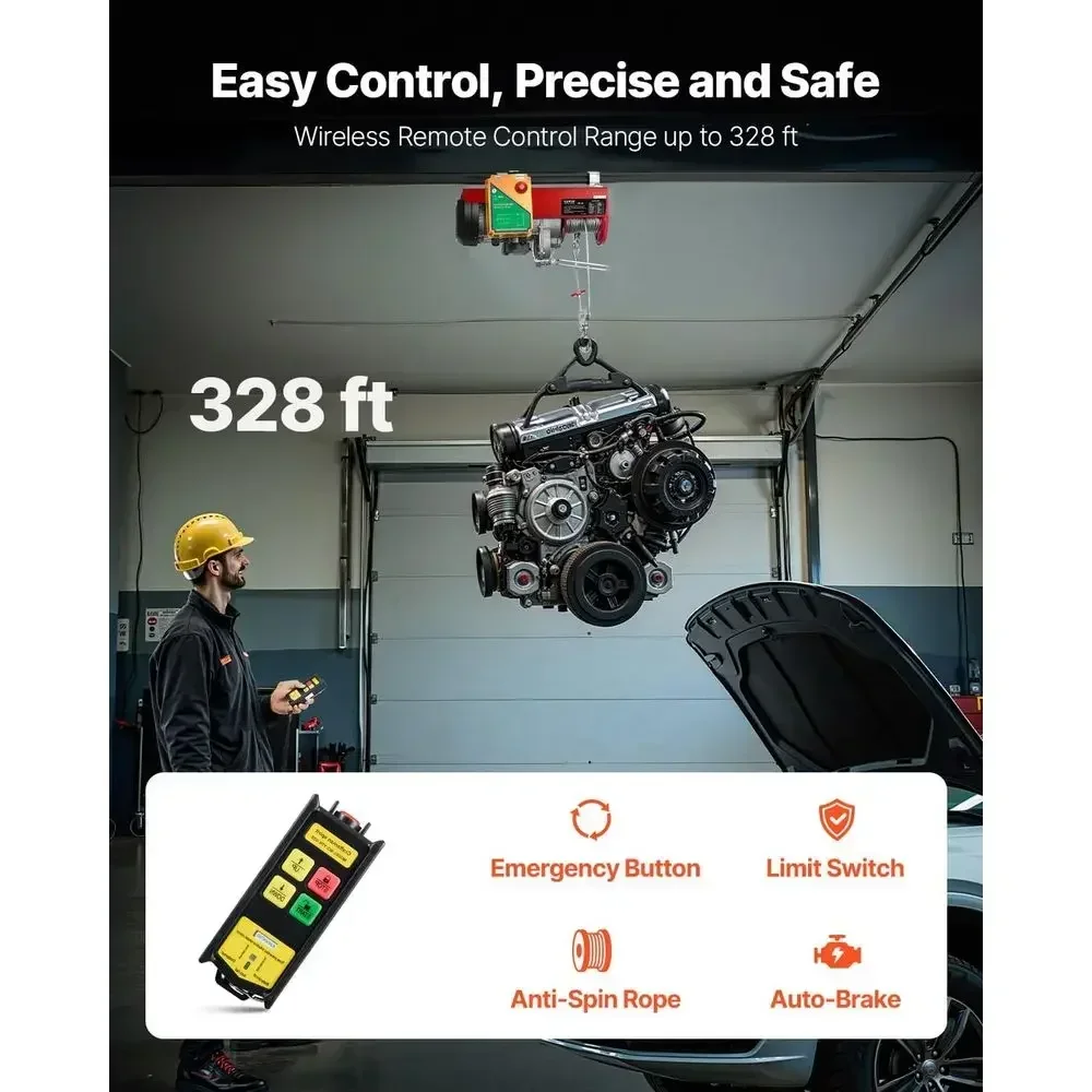 VEVOR 2200lbs Electric Hoist with Wireless Remote Control,110v Electric Hoist with Remote Control, 40ft/20ft Lifting Height & Mo