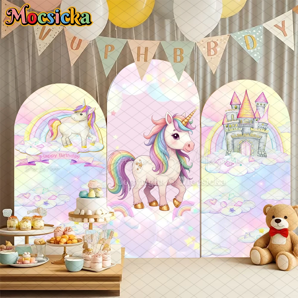 

Mocsicka Unicorn Arch Backdrop Cover Birthday Party Arched Background Flowers Horse Castle Rainbow Pattern Decor Props Photocall