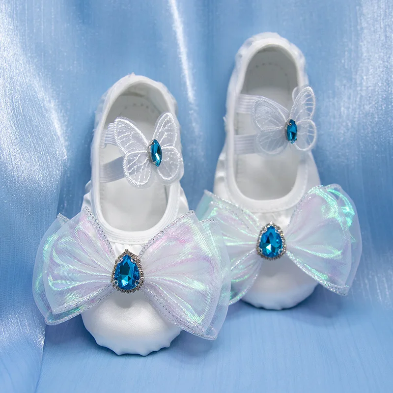 Soft Ballet Shoes with Cute White Bowknot Girls Dance Practice Satin Ideal for Girls' Performance Shoe for Girls with Bowtie