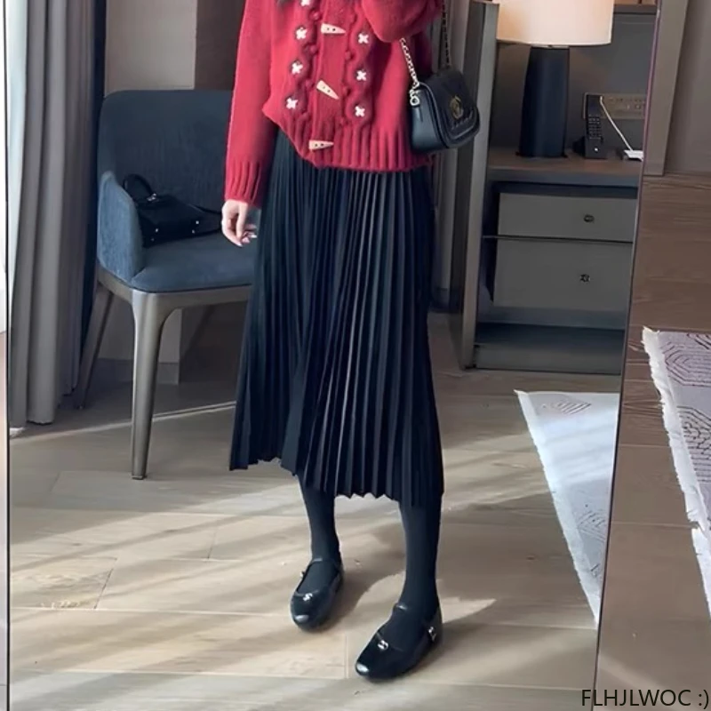 Pleated Skirts New 2024 Design Women Office Lady Work High Waist Elastic Bland A Line Formal Long Skirt