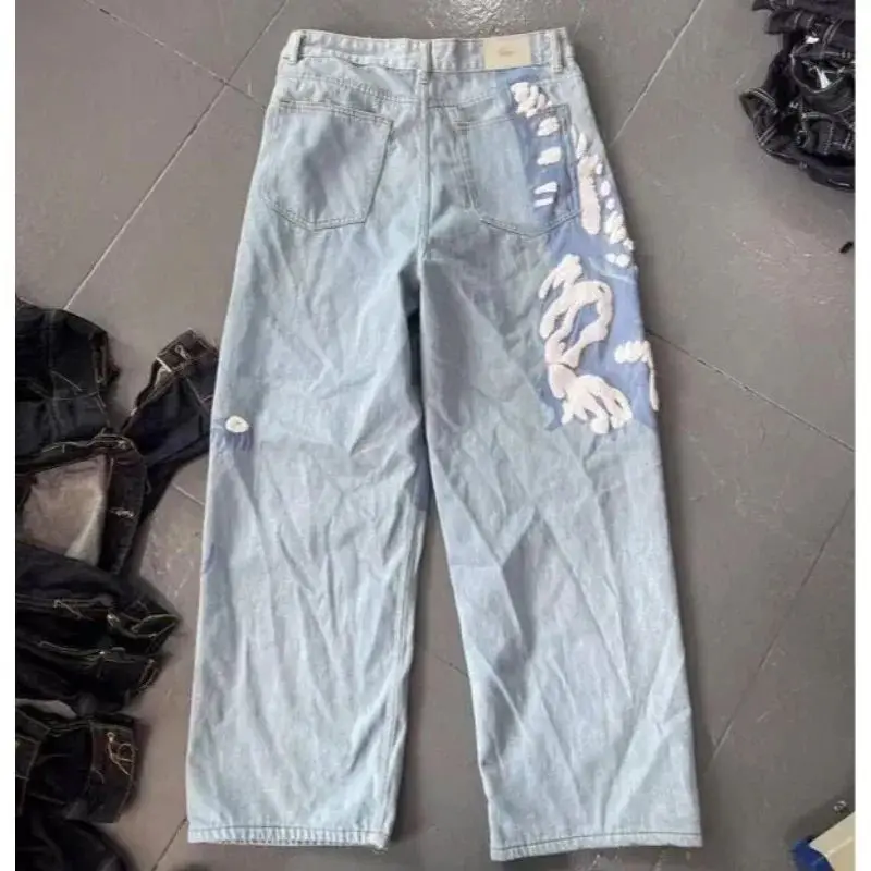 Wysokiej jakości zestaw jeansów oversize z geometrycznym nadrukiem z pianki, materiał PU, damskie spodnie premium z denimu, kolekcja zimowa 206