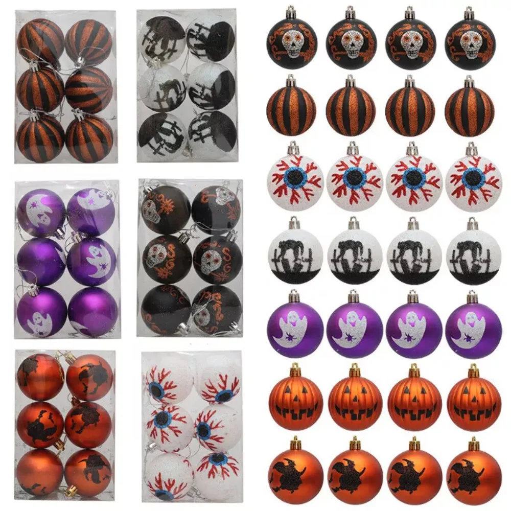 6Pcs DIY Mini Halloween Hanging Ball 6cm Glittery Halloween Tree Baubles Plastic Party Decoration Tree Ornament for Home Party