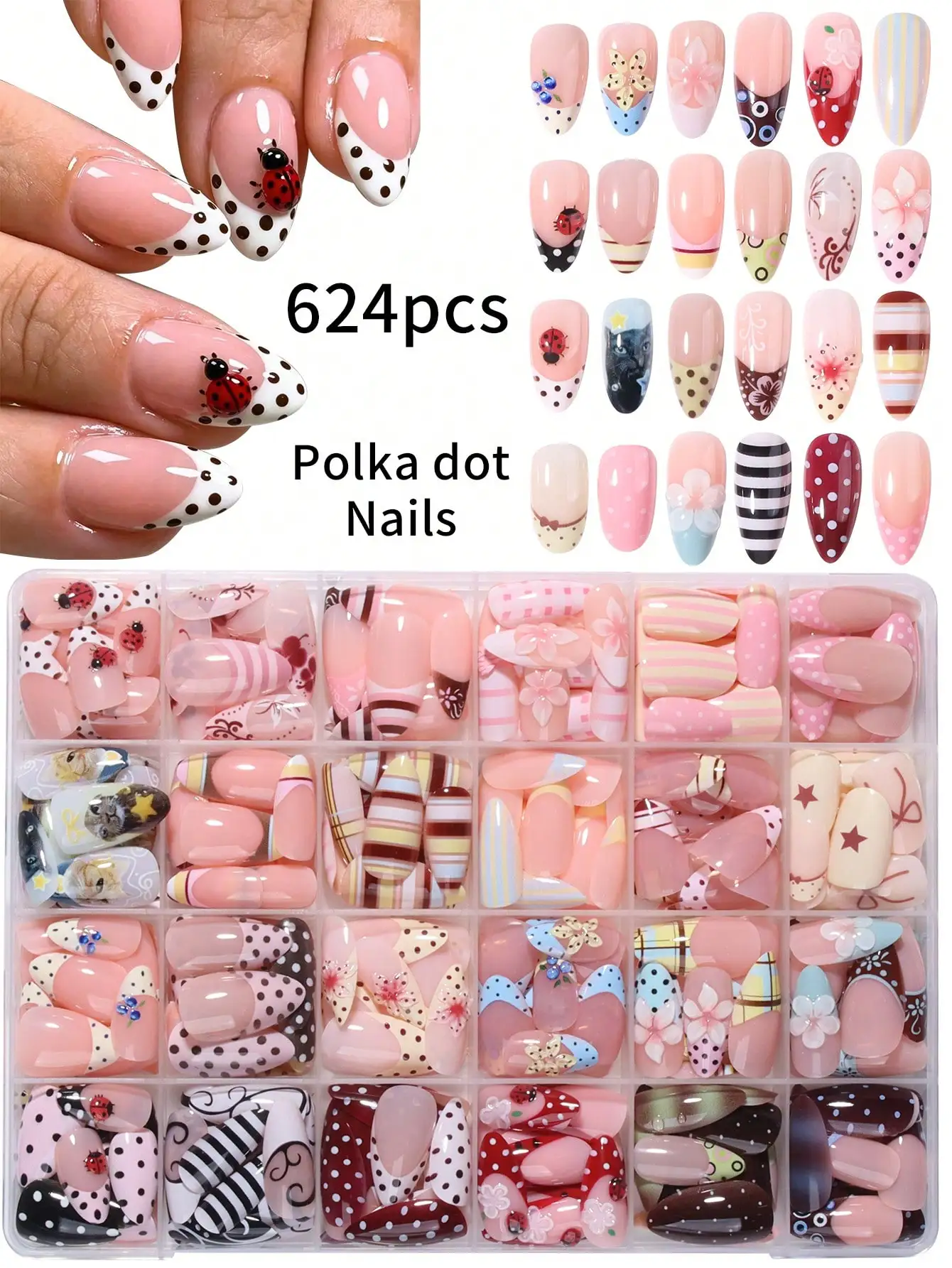 624pcs (24 Mixed Styles) Long Almond French Press-On Fake Nails, Polka Dot, Striped, Ladybug Pattern Design, Acrylic Set, Summer Nails And Polka Dot Nails