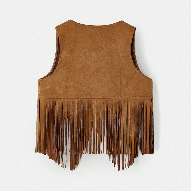 

Combhasaki Women Summer Western Style Cowgirl Suede Vest with Tassel Rivet Decor V-Neck Open Stitch Sleeveless Cardigan Slim Top