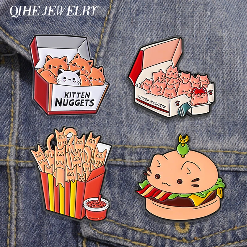 Lindo hamburguesa gato patatas fritas broche de gato alfileres esmaltados pepitas de gatito comida rápida broches de gato solapa mochila insignias joyería amigos
