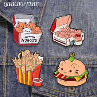 Cute Burger Cat French Fries Cat Brooch Enamel Pins Kitten Nuggets Fast Food Cat Brooches Lapel Backpack Badges Jewelry Friends