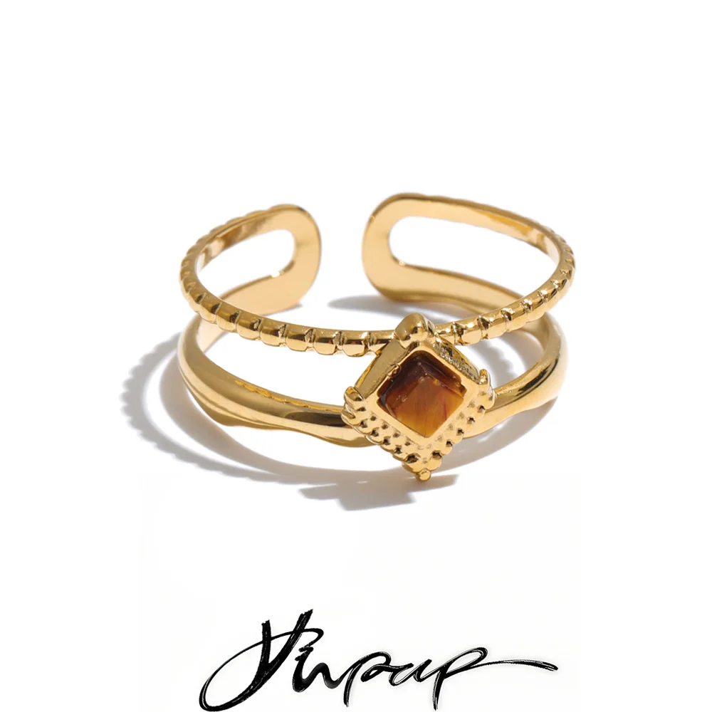 Yhpup 2026 Shell Amazonite Tiger Stone Double-Layer Adjustable Ring Hypoallergenic Stylish Golden Finger Jewelry