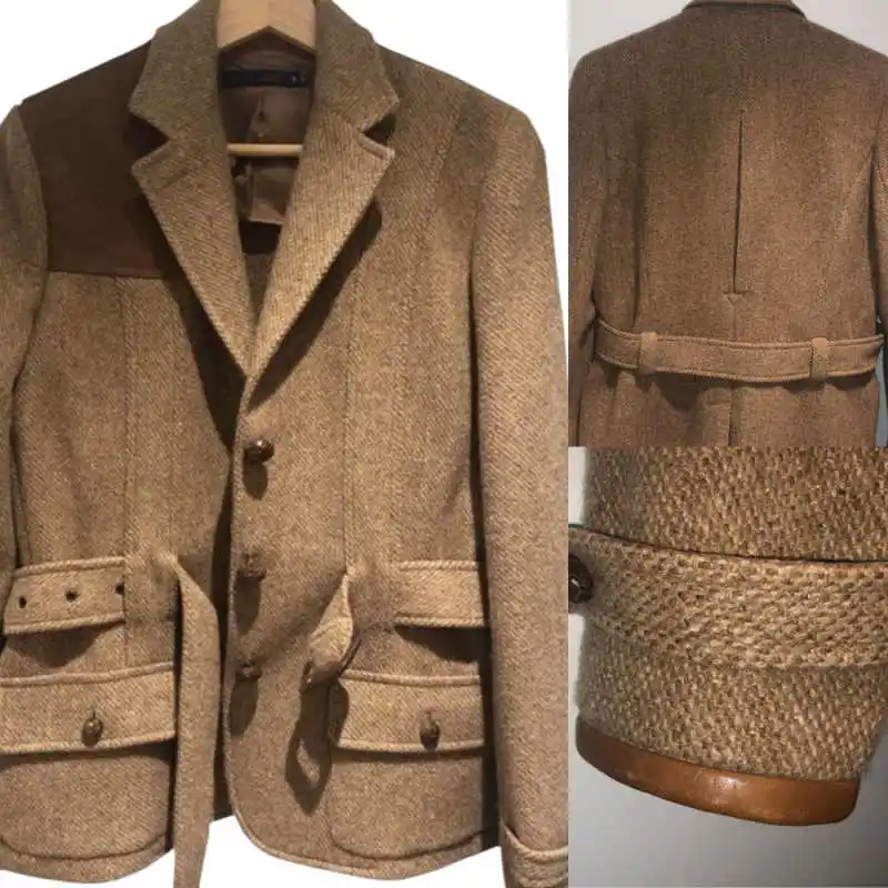 Vintage Tweed Jacket Notched Lapel Leather Patch Multi Pockets Outerwear For Outdoor Travel Daily Wear Customized