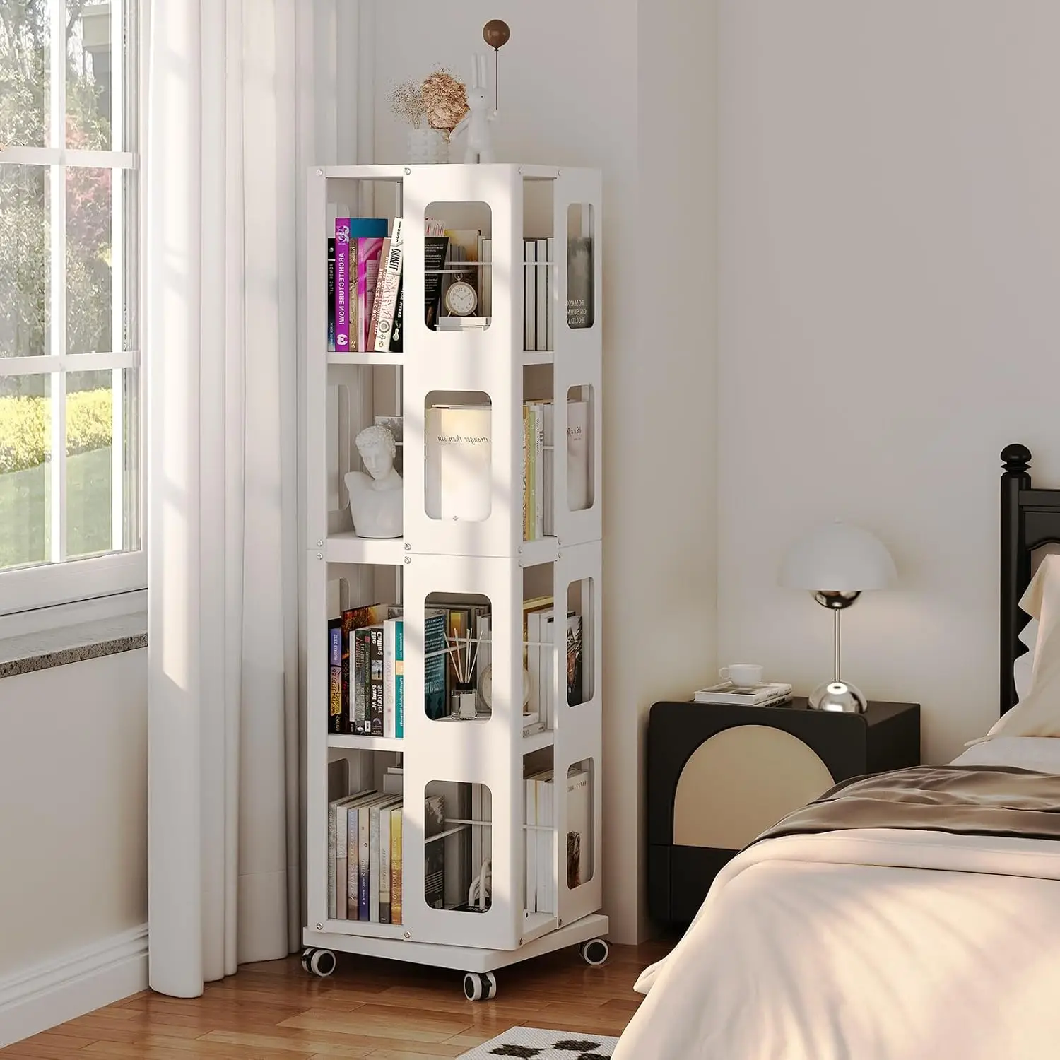 4 Tier Rotating Bookshelf Tower, Steel 360° Revolving Bookcase With Wheels, Multifunctional Floor Standing Storage, Customized