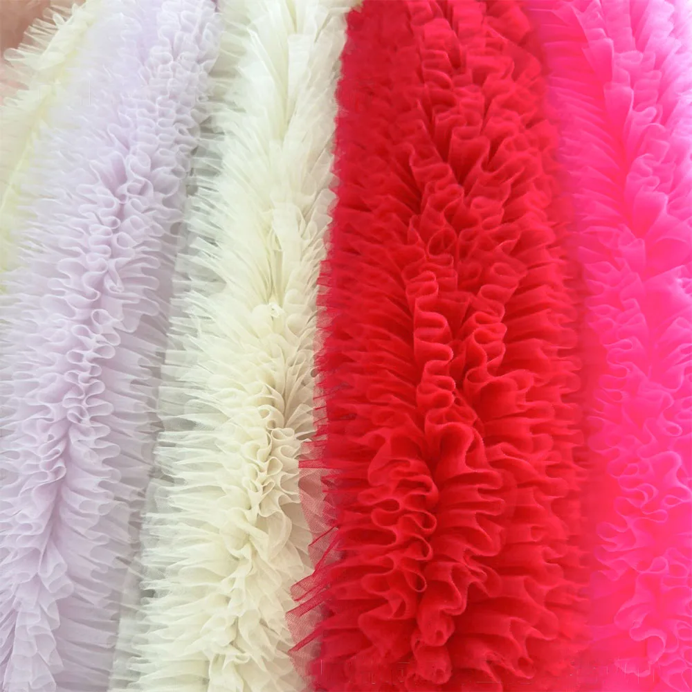 Multilayer Pleat Creative Tulle Lace Fabric Sewing For Bubble Skirt Evening Dress Bridal Veil Ruffled Edge Girl Apparel Material