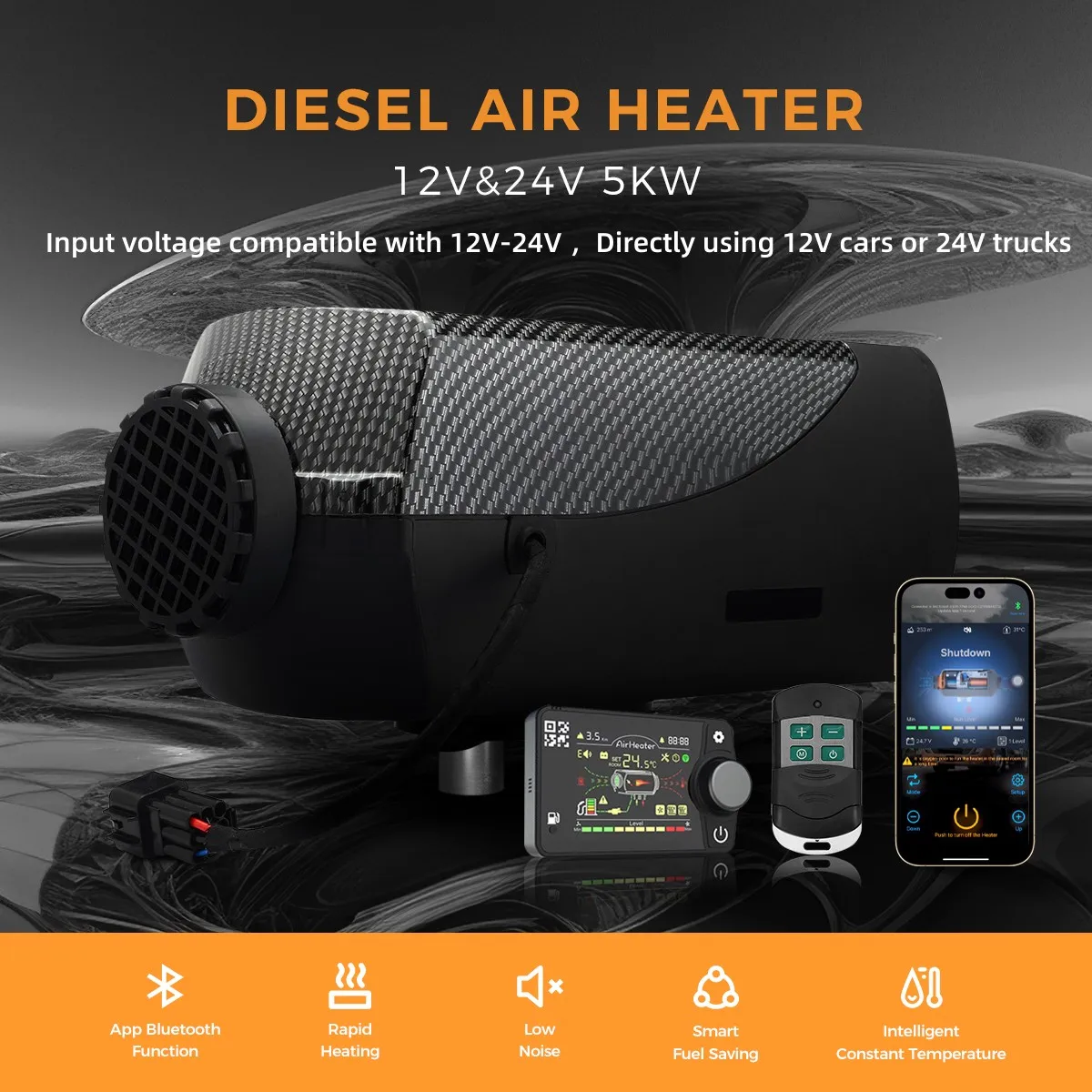 8KW 12V&24V Diesel Heater bluetooth App & Remote Control w/Automatic Altitude Adjustment Air Heater for RV Trailer Camper Van