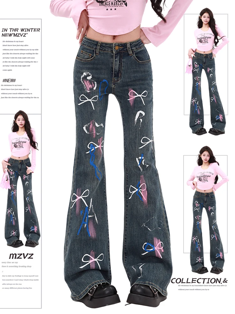 

2023 Осень Зима Женские джинсовые брюки с низкой посадкой Расклешенные джинсы с бантом Граффити Клеш-низ Японские ковбойские джинсы Y2k 2000-х годов Узкие новые