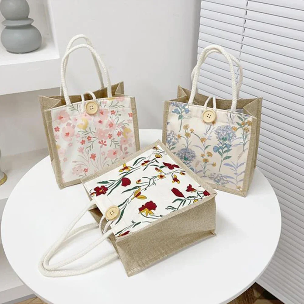 Linen Tote Bag Storage Bag Lunch Pouch Tote Bag Handbag Bento Bag Button Clasp Cute Flower Printing Picnic Food Bento Bag