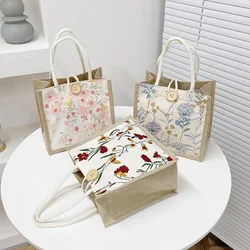 Linen Tote Bag Storage Bag Lunch Pouch Tote Bag Handbag Bento Bag Button Clasp Cute Flower Printing Picnic Food Bento Bag