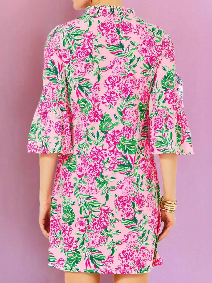 

Women Pink Floral 3/4 Sleeve Tunic Dress Loose Fit Ruffle Neckline Hem Sleeves