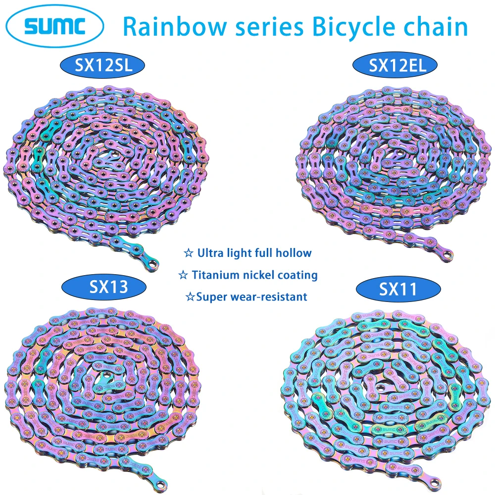 SUMC Bicycle Chain 9/10/11/12 Speed Rainbow Chain Hollow Semi-hollow Chain Magic Buckle Road Bike MTB Compatible 116/126L Weight