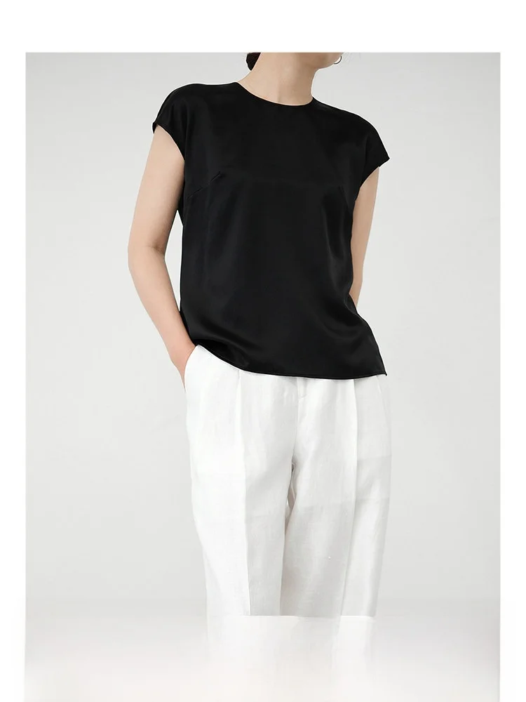 

Женская футболка Sansan Studio Summer 2024 из шелкового жоржета с коротким рукавом, перламутровая, с круглым вырезом, стандартного кроя, для повседневной носки