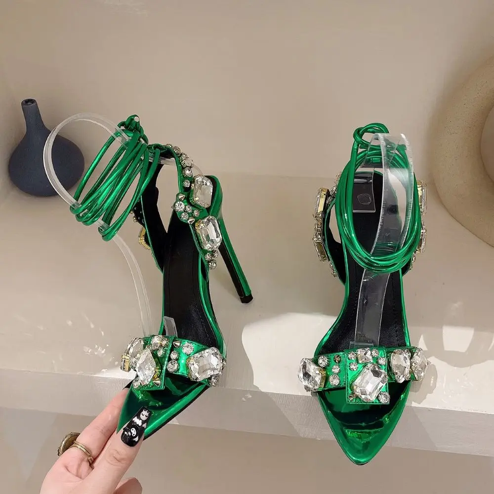 Classic Green Cross Ankle Strap Sandals Women's Party Club Pumps High Quality Crystal Diamond Pointed Toe Wedding Shoes