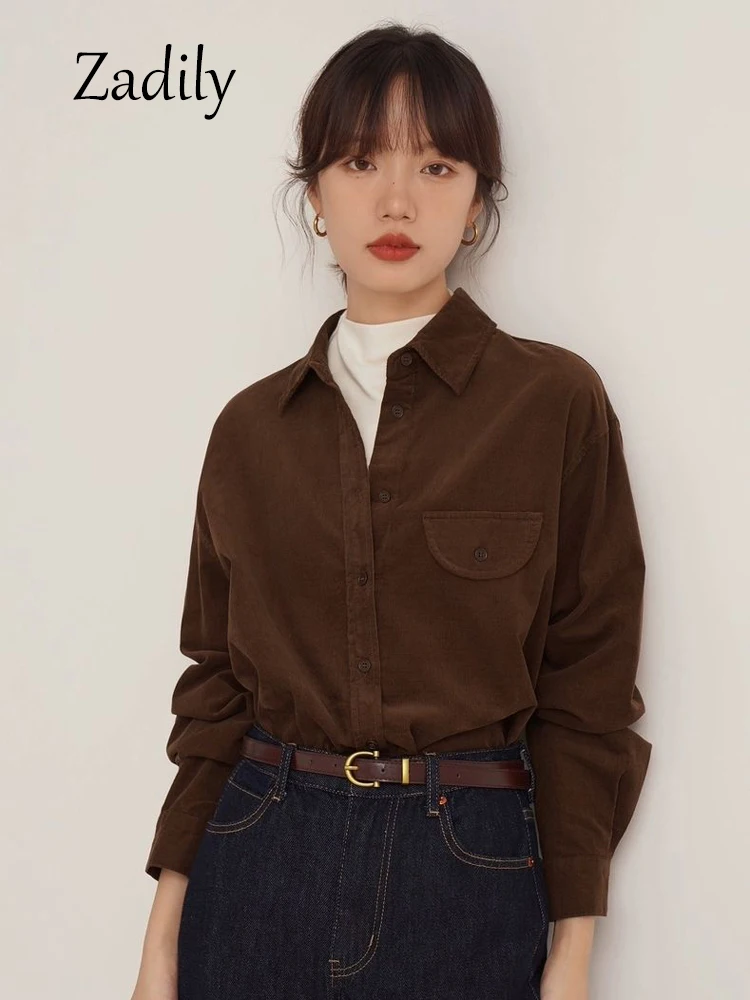 2024 Winter Office Lady Women Corduroy Thick Shirt Korea Style Button Up Blouse Long Sleeve Warm Work Clothing Female Cardigan