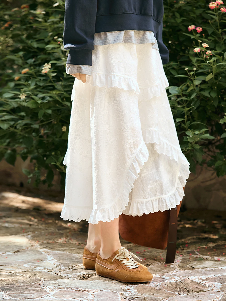 

OLrain Women's Asymmetrical White Lace Skirt 2025 Autumn Elegant Ladies Embroidery Lace Midi Skirts Woman Clothes N57CB93999
