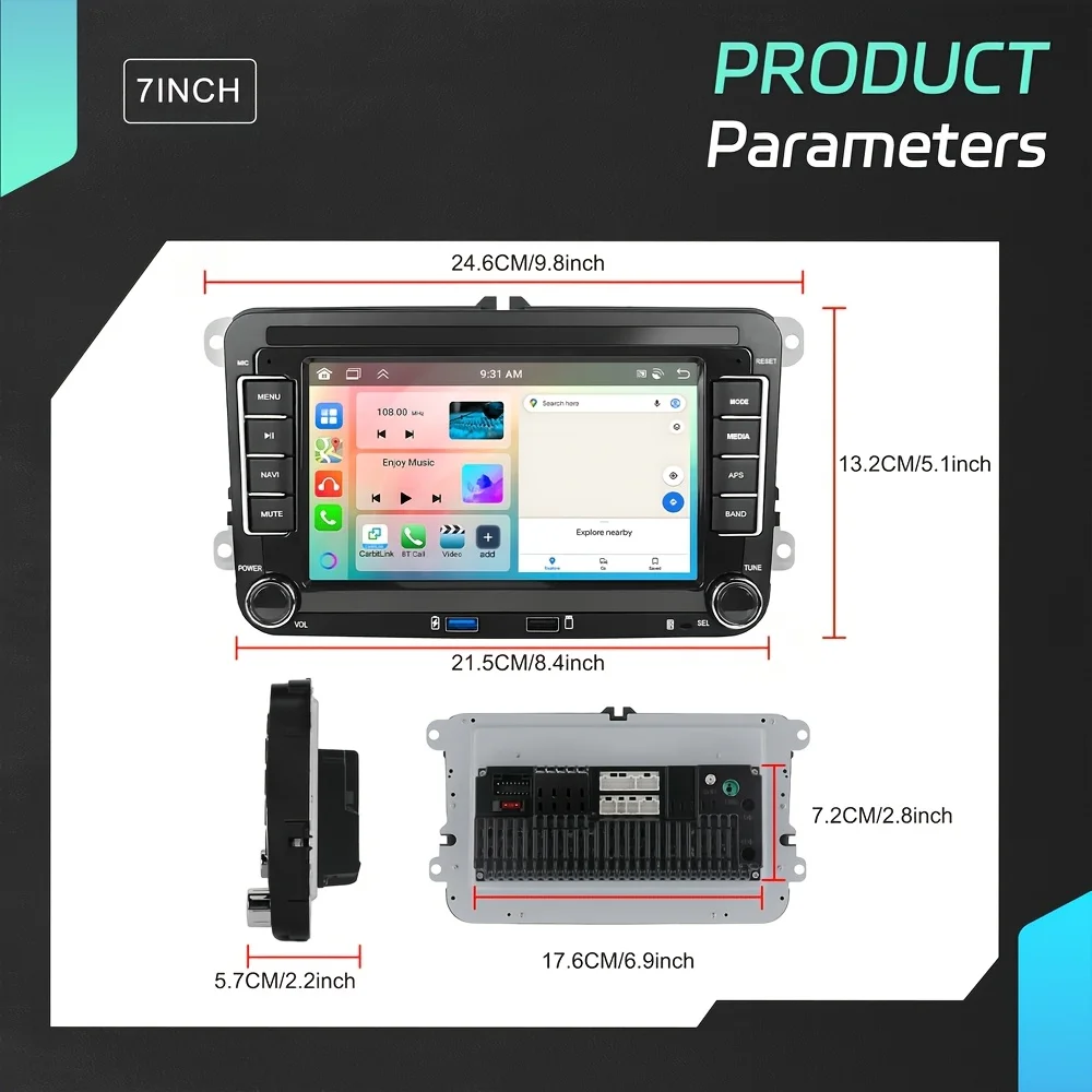 مشغل راديو ستيريو للسيارة 17.78 سنتيمتر 2DIN HeadunitWireless Carrplay Androidauto الوسائط المتعددة مشغل MP5 لسيارة Volkswagen Seat Skoda Golf