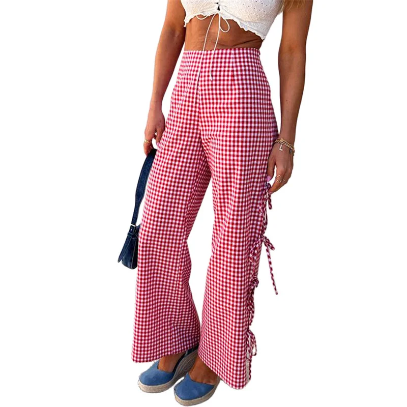 Pantalones de pierna ancha y2k para mujer, pantalón holgado con estampado a cuadros, cintura alta, elásticos, a la moda, para verano