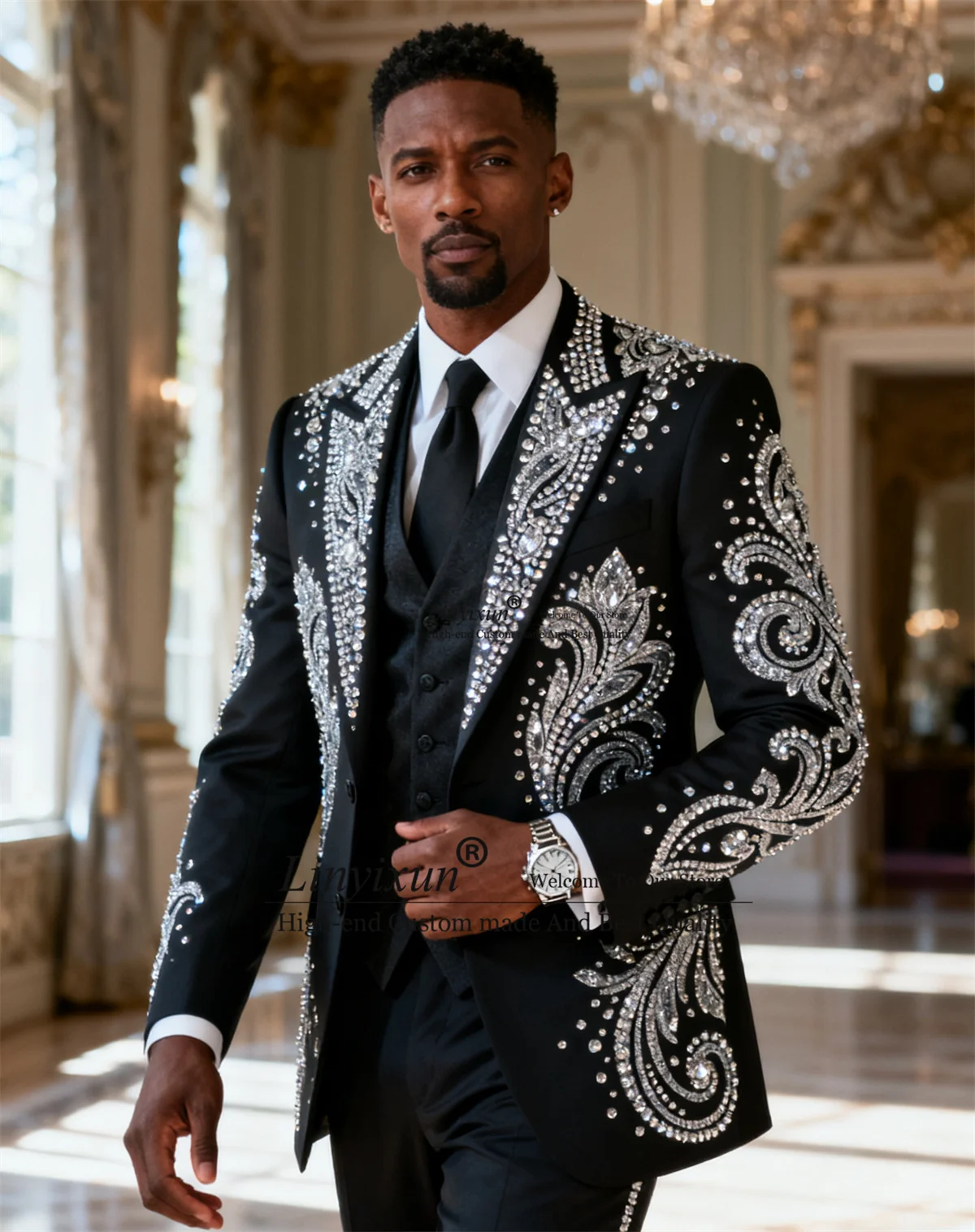 

Роскошный смокинг с кристаллами и бриллиантами, мужские костюмы по индивидуальному заказу, комплекты из 3 предметов, свадебные костюмы для мужчин, красивый приталенный пиджак для жениха, выпускного вечера