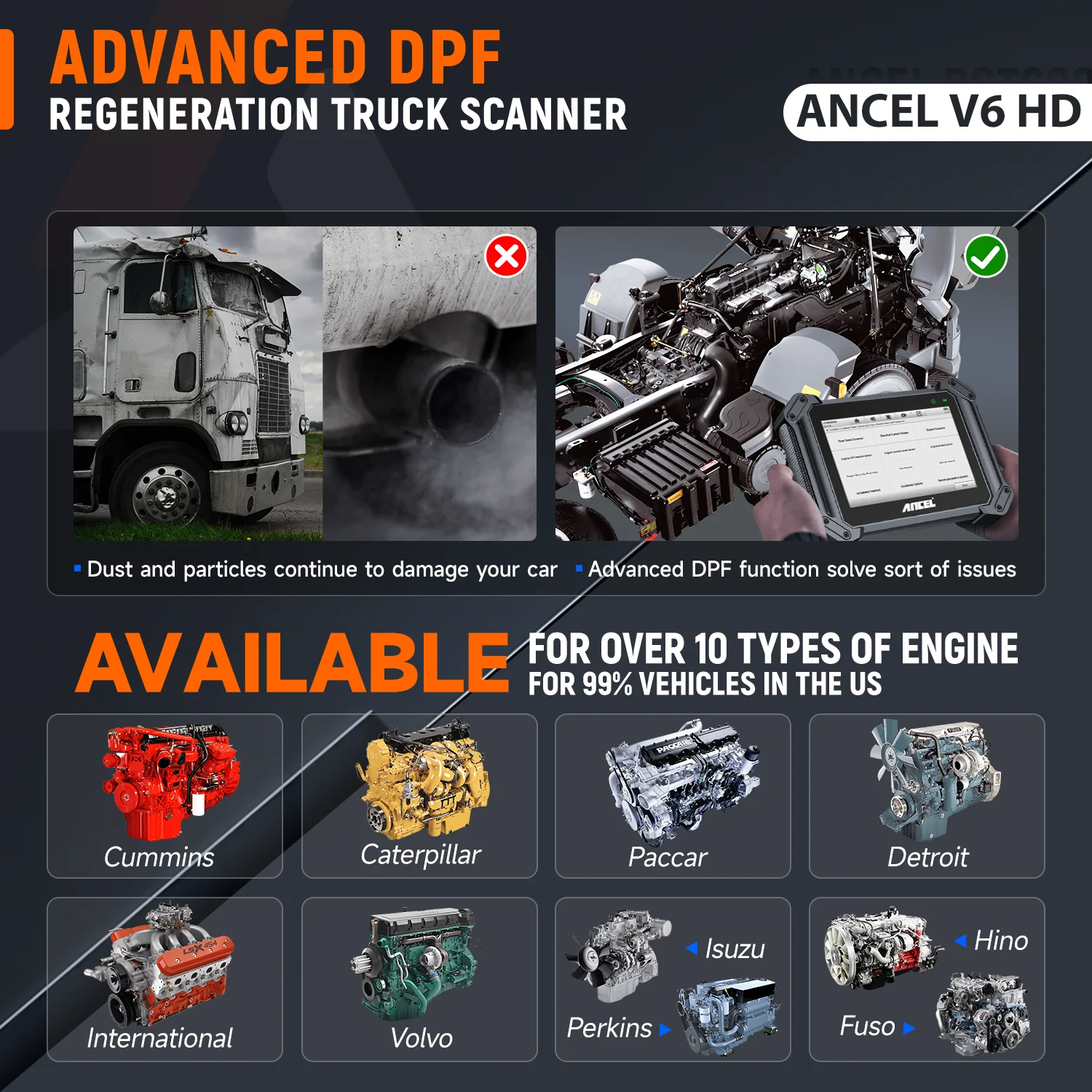 Ancel V6HD Market Heavy D uty Truck Scanner D  iesel DPF Regen System Tool 1 Year D AF C aterpillar Models