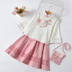New Hanfu Girls Spring and Summer Children's Costume Dress 3-12 Years Floral Print Princess Dress Set