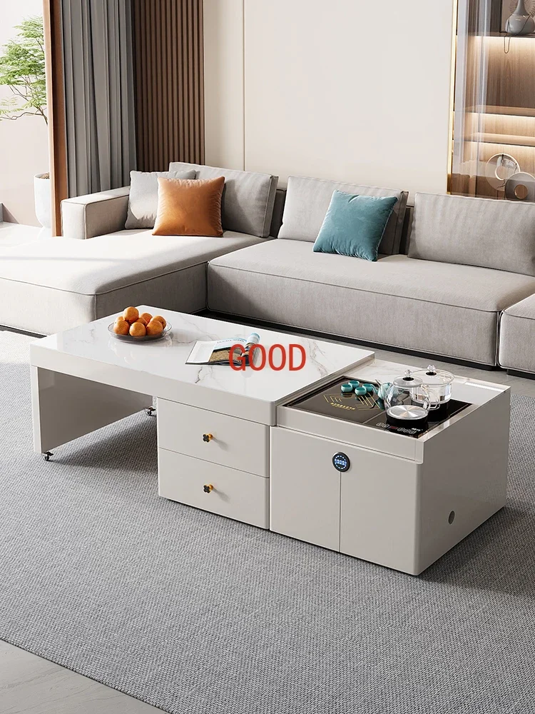

Tea Making Integrated Stone Plate Coffee Table Living Room Light Luxury High-Grade Cream Style Lifting Small Apartment Home
