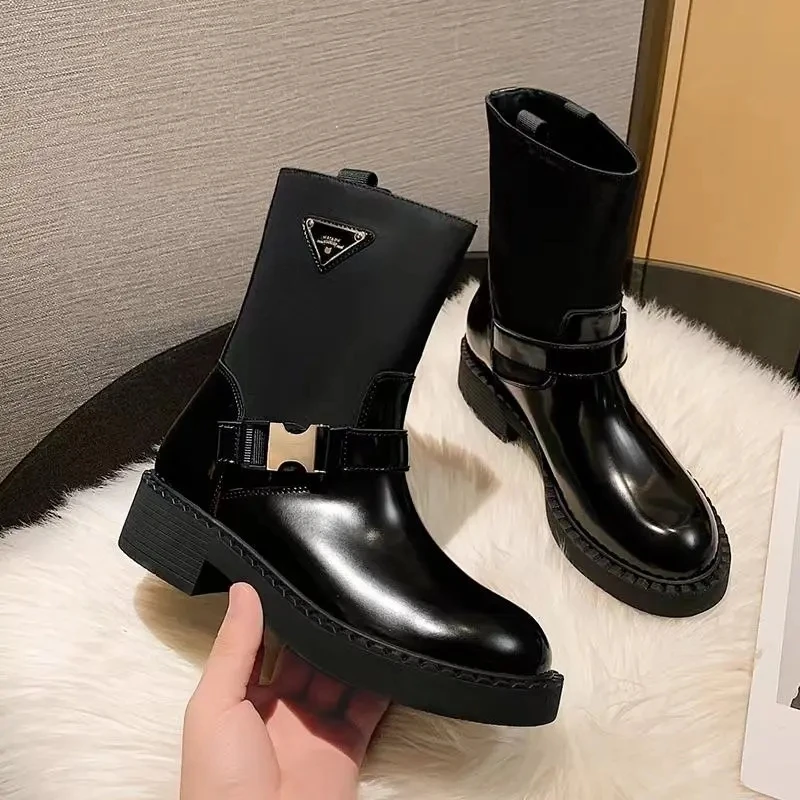 

Autumn Women Leather Boots Stretch Fabric Punk Metal Fittings Platform Chelsea Boots Motorcycle Short Boots Female Casual Shoes